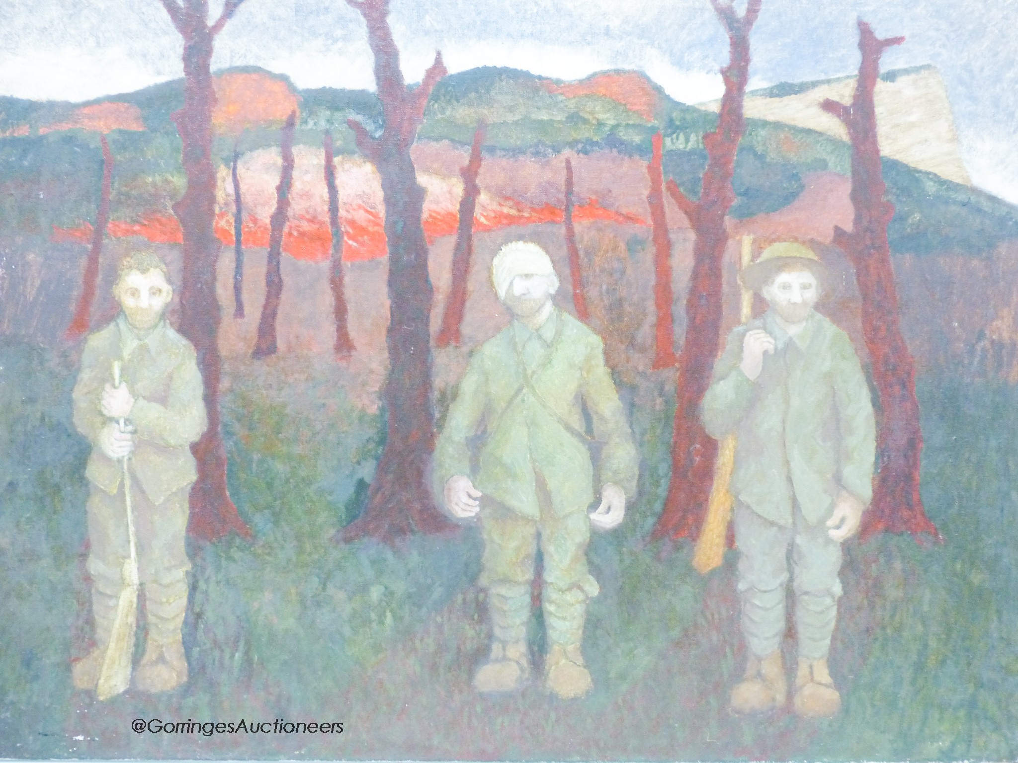 Gerald, R Jarman (1930-2014) unframed oil on canvas, Three soldiers, 142 x 106cm